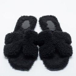 Hermes Black Shearling Fur Oran Flat Slides Size 39