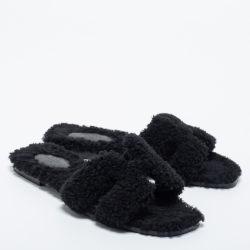 Hermes Black Shearling Fur Oran Flat Slides Size 39