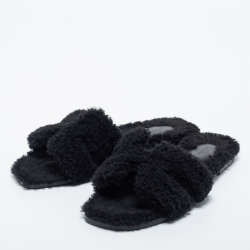 Hermes Black Shearling Fur Oran Flat Slides Size 39