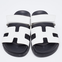 Hermes White Leather Chypre Flat Slides Size 37.5