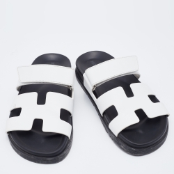 Hermes White Leather Chypre Flat Slides Size 37.5