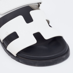 Hermes White Leather Chypre Flat Slides Size 37.5