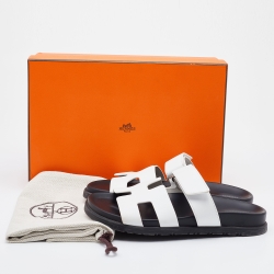 Hermes White Leather Chypre Flat Slides Size 37.5