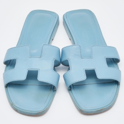 Hermes Blue Leather Oran Flat Slides Size 36