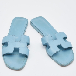 Hermes Blue Leather Oran Flat Slides Size 36