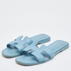 Hermes Blue Leather Oran Flat Slides Size 36
