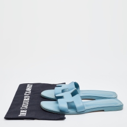 Hermes Blue Leather Oran Flat Slides Size 36