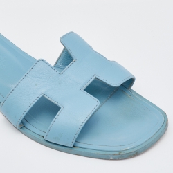 Hermes Blue Leather Oran Flat Slides Size 36