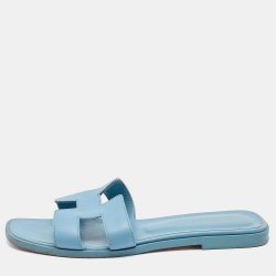 Hermes Blue Leather Oran Flat Slides Size 36