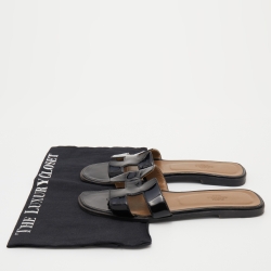 Hermès Black Patent Leather Oran Flat Slides Size 38.5