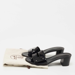 Hermes Black Patent Leather View Slide Sandals Size 37