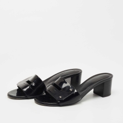 Hermes Black Patent Leather View Slide Sandals Size 37