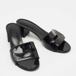 Hermes Black Patent Leather View Slide Sandals Size 37