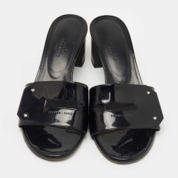 Hermes Black Patent Leather View Slide Sandals Size 37