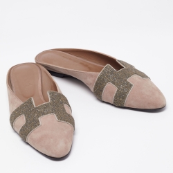 Pre Owned Hermes Light Brown Suede and Beads Roxane Flat Mules Size 41