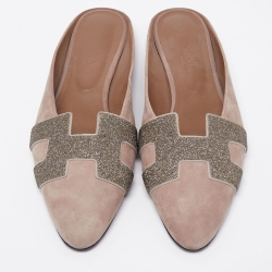 Pre Owned Hermes Light Brown Suede and Beads Roxane Flat Mules Size 41