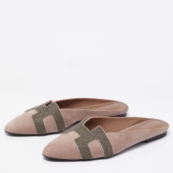 Pre Owned Hermes Light Brown Suede and Beads Roxane Flat Mules Size 41