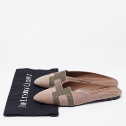 Pre Owned Hermes Light Brown Suede and Beads Roxane Flat Mules Size 41