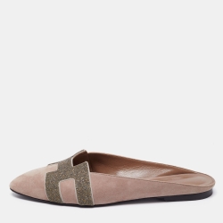 Pre Owned Hermes Light Brown Suede and Beads Roxane Flat Mules Size 41