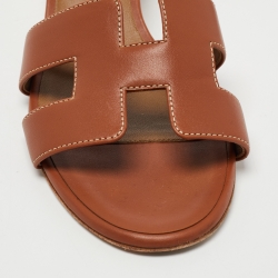Pre Owned Hermes Brown Leather Oasis Slide Sandals Size 38