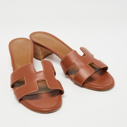 Pre Owned Hermes Brown Leather Oasis Slide Sandals Size 38