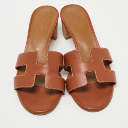 Pre Owned Hermes Brown Leather Oasis Slide Sandals Size 38