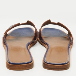 مملوكة مسبقًا Hermes Navy Blue Leather Oran Flat Slides Size 37.5