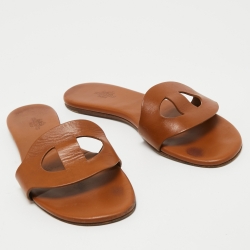 Hermes Brown Leather Lisboa Slide Flats Size 36 