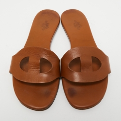 Hermes Brown Leather Lisboa Slide Flats Size 36 