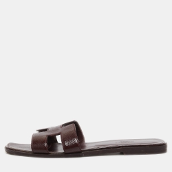 Hermes Burgundy Patent Leather Oran Flat Slides Size 40.5