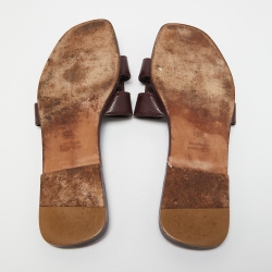 Hermes Burgundy Patent Leather Oran Flat Slides Size 40.5