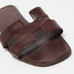 Hermes Burgundy Patent Leather Oran Flat Slides Size 40.5