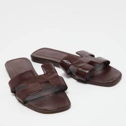 Hermes Burgundy Patent Leather Oran Flat Slides Size 40.5