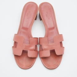 Hermes Peach Pink Leather Oasis Slide Sandals Size 38