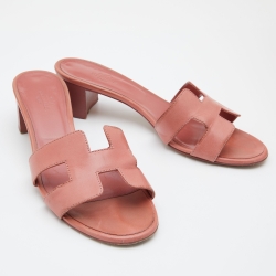 Hermes Peach Pink Leather Oasis Slide Sandals Size 38