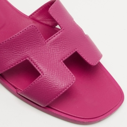 Pre Owned Hermes Pink Lizard Embossed Oran Flat Slides Size 38