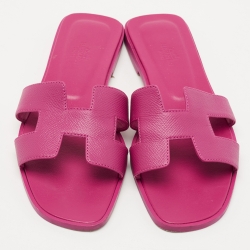 Pre Owned Hermes Pink Lizard Embossed Oran Flat Slides Size 38