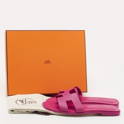 Pre Owned Hermes Pink Lizard Embossed Oran Flat Slides Size 38