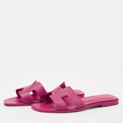 Pre Owned Hermes Pink Lizard Embossed Oran Flat Slides Size 38