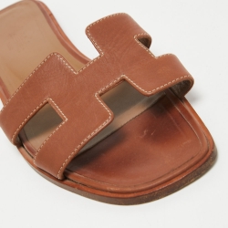 Hermes Brown Leather Oran Flat Slides Size 38.5