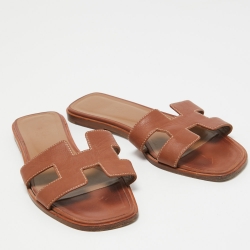 Hermes Brown Leather Oran Flat Slides Size 38.5