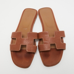 Hermes Brown Leather Oran Flat Slides Size 38.5