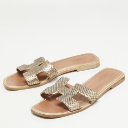 Hermes Metallic Python Oran Flat Slides Size 39.5