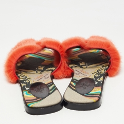Pre Owned Hermes Orange Fur Oran Flat Slides Size 38.5 