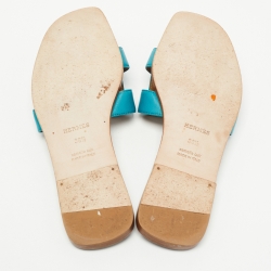 Hermes Blue Leather Oran Flat Slides Size 38.5