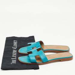 Hermes Blue Leather Oran Flat Slides Size 38.5
