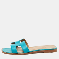 Hermes Blue Leather Oran Flat Slides Size 38.5