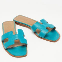 Hermes Blue Leather Oran Flat Slides Size 38.5