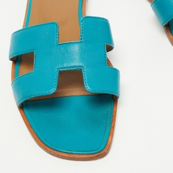 Hermes Blue Leather Oran Flat Slides Size 38.5