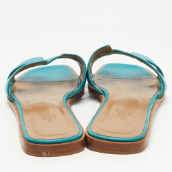 Hermes Blue Leather Oran Flat Slides Size 38.5